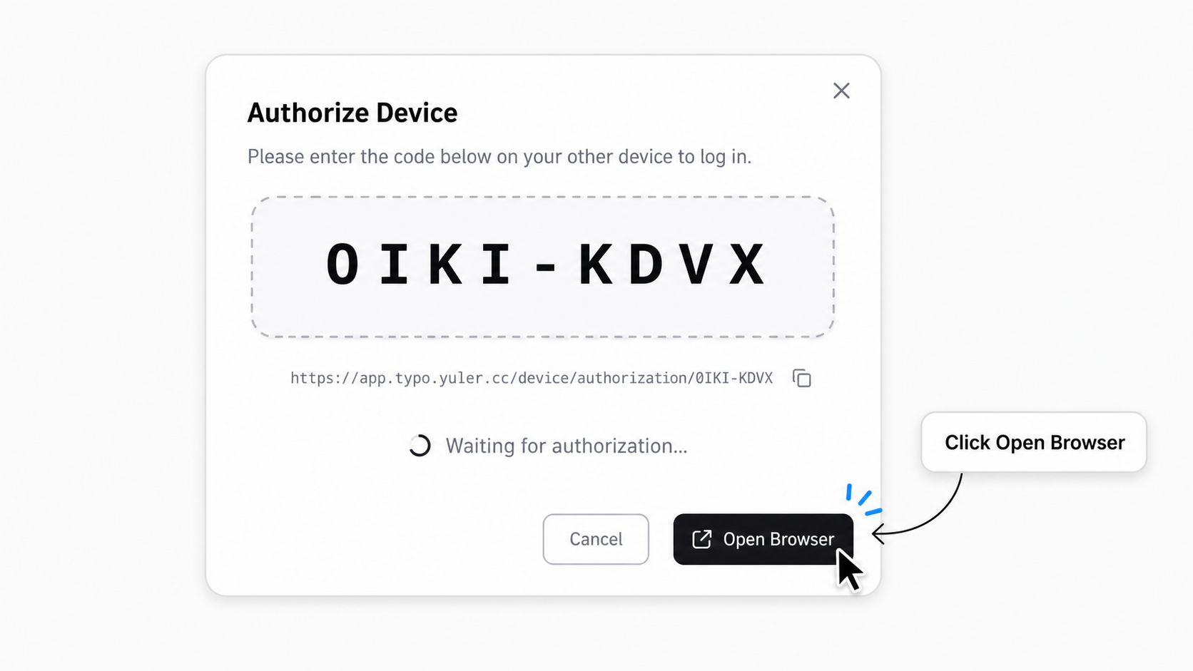 typo desktop authorization dialog with a tip pointing to the Open Browser button.